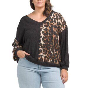 GILLI Black Brown Made In Usa Plus Long Sleeve V-neck Animal Print Sweater